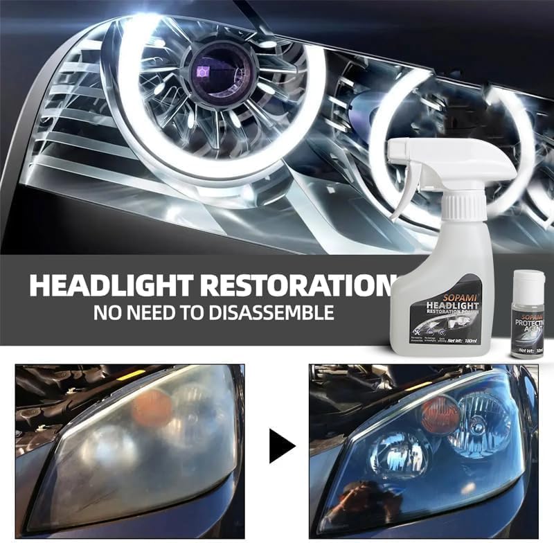 SOPAMI Car Headlight Restoration Kit Headlight Cleaner Restores Clear Yellowed Car Plastic and Protects from Re-Oxidation Includes Coating Agent and Towel, Sponge Wipe - Image 3